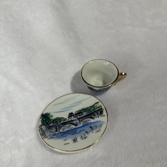 Vtg Miniature Dollhouse Porcelain Bridge And Scenery Tea Cup, Plate Set - Picture 1 of 4